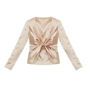 Champagne Satin Twist Front Long Sleeve Blouse